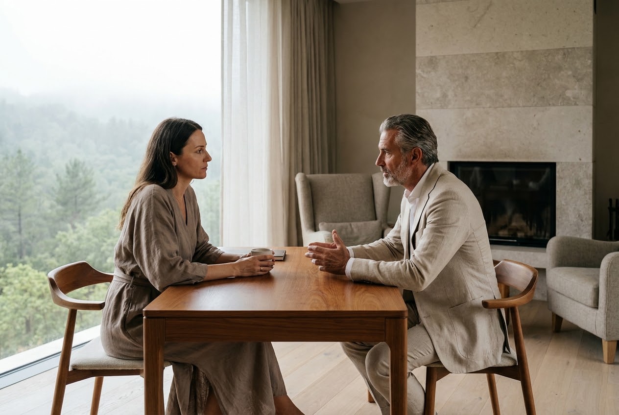 A practitioner and a participant in an unhurried private consultation at a wooden table, in a calm stone-and-linen room overlooking forest.