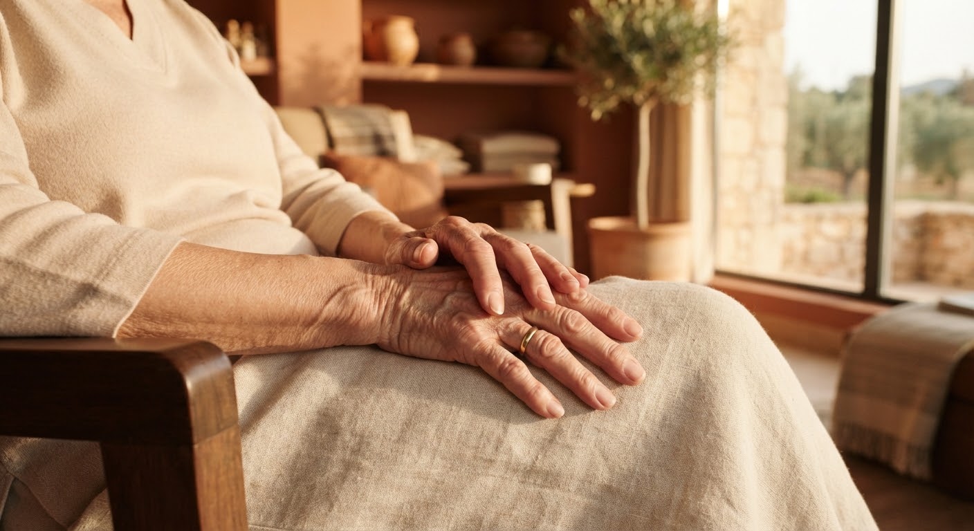 An older person's hands resting on a linen blanket in warm late daylight, in a quiet room with a view to olive trees.