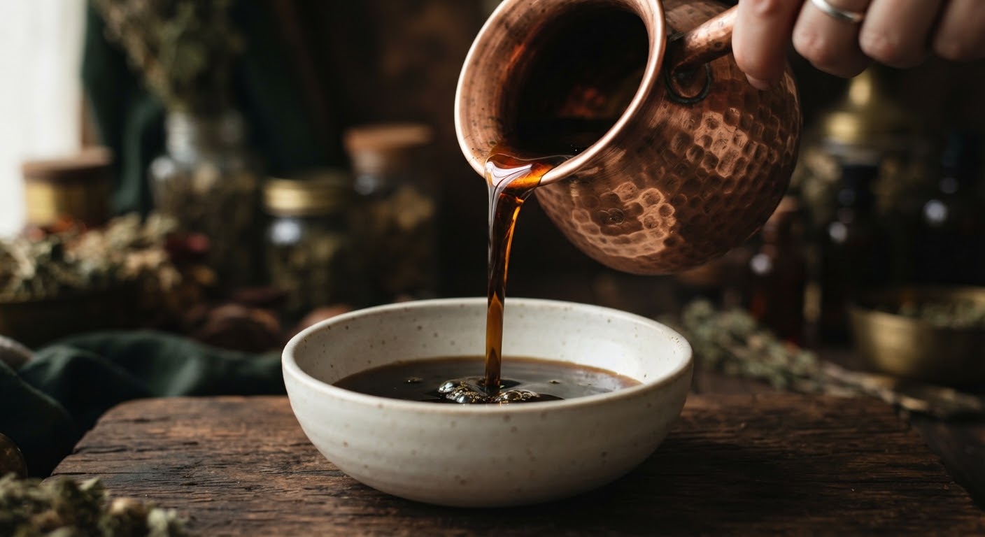 Warm herbal oil poured from a hammered copper vessel into a ceramic bowl, on a worn wooden bench surrounded by loose herbs and glass jars.