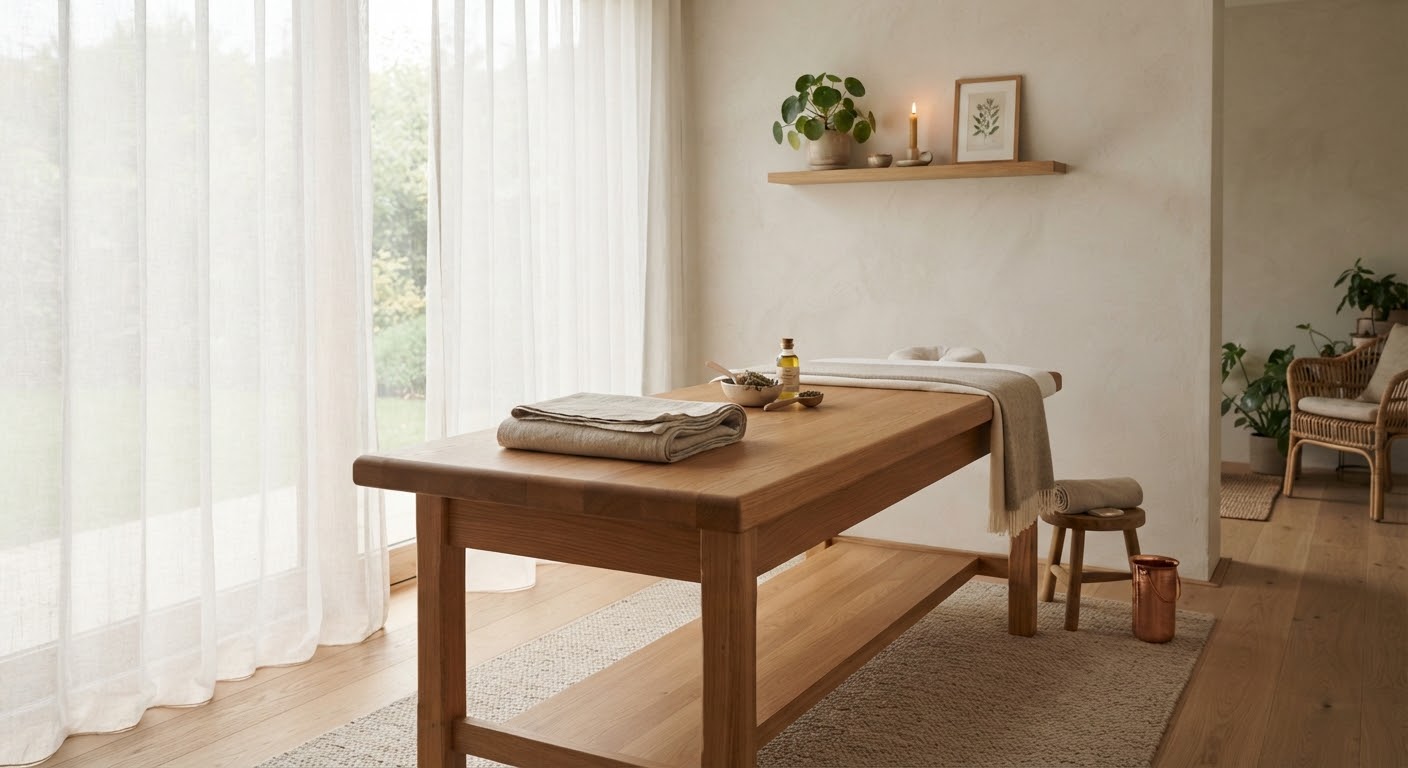 A private treatment room prepared for one person: a solid wood treatment table, folded linen, a small bowl of herbs and a copper vessel, in daylight through sheer curtains.
